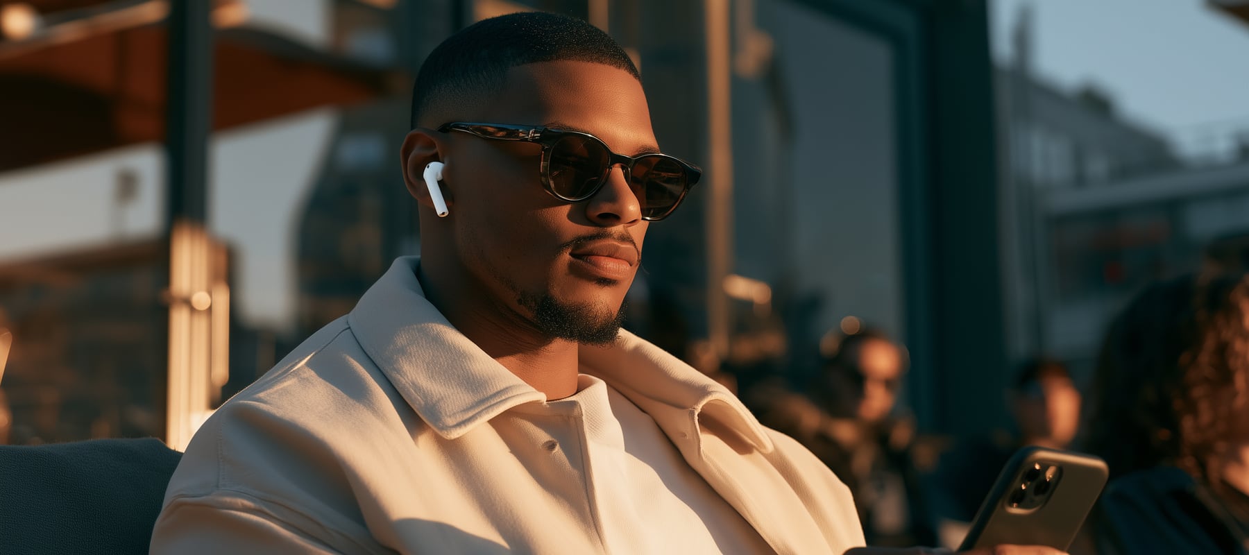 Someone listening to a tape on their phone at golden hour